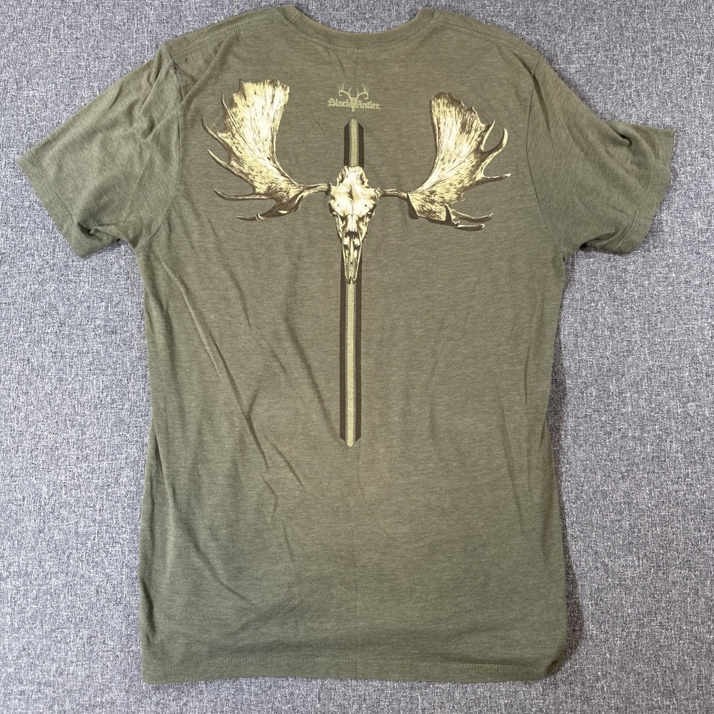 Black Antler Moose Skull Hunting Graphic T Shirt Olive Green Medium M